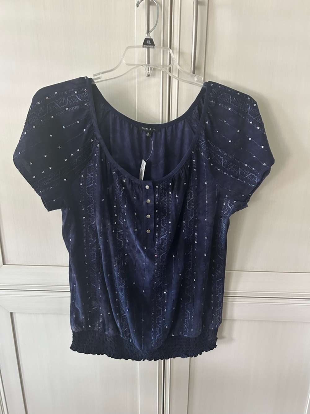 Sami & Jo Navy Short Sleeve Scoop Neck Blouse with Sequin Detail